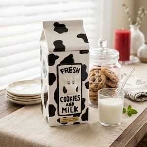 Houston Harvest Fresh Cookies & Milk 1/2 Gallon Milk Carton Cow Spot Cookie Jar